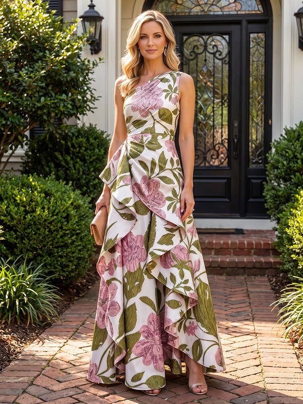 A-Line/Princess One Shoulder Jacquard Maxi Evening Dresses with Ruffles