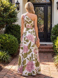 A-Line/Princess One Shoulder Jacquard Maxi Evening Dresses with Ruffles