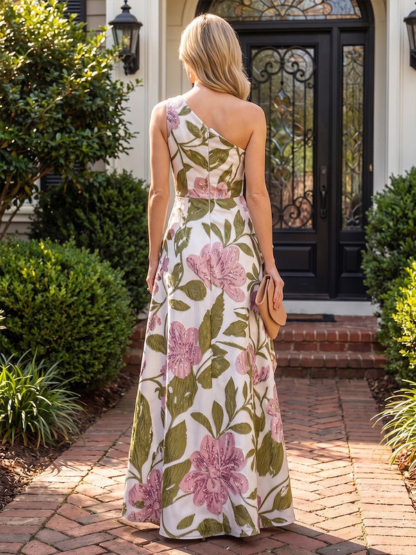A-Line/Princess One Shoulder Jacquard Maxi Evening Dresses with Ruffles