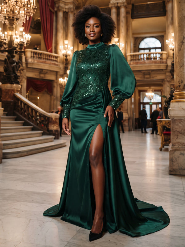 Sheath/Column High Neck Satin Maxi Evening Dresses with Sequin, Sweep Train & Slit