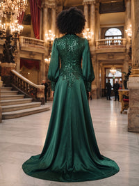 Sheath/Column High Neck Satin Maxi Evening Dresses with Sequin, Sweep Train & Slit