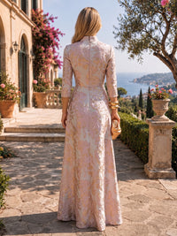 A-Line/Princess V-Neck Jacquard Maxi Evening Dresses with Ruched Waist
