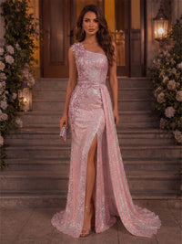 Sheath/Column One Shoulder Glitter Tulle Maxi Evening Dresses with Lace Appliques, Sweep Train, Sash & Slit