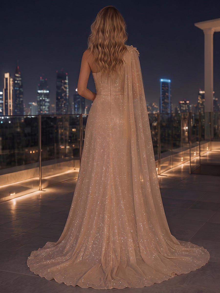 Sheath/Column One Shoulder Glitter Tulle Maxi Evening Dresses with Lace Appliques, Sweep Train, Sash & Slit