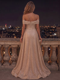 Sheath/Column Off Shoulder Glitter Tulle Maxi Evening Dresses with Pleats & Ruched Waist