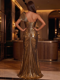 Sheath/Column One Shoulder Metallic Satin Maxi Evening Dresses with Ruched Waist & Slit