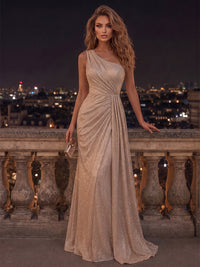 Mermaid/Trumpet One Shoulder Glitter Tulle Maxi Evening Dresses with Ruched Waist