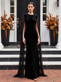Sheath/Column Scoop Neck Velvet Maxi Evening Dresses with Chiffon Cape