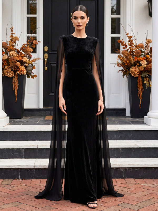 Sheath/Column Scoop Neck Velvet Maxi Evening Dresses with Chiffon Cape