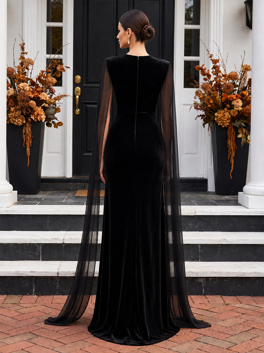 Sheath/Column Scoop Neck Velvet Maxi Evening Dresses with Chiffon Cape