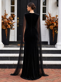 Sheath/Column Scoop Neck Velvet Maxi Evening Dresses with Chiffon Cape