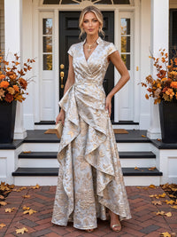 A-Line/Princess V-Neck Jacquard Maxi Evening Dresses with Ruffles & Ruched Waist