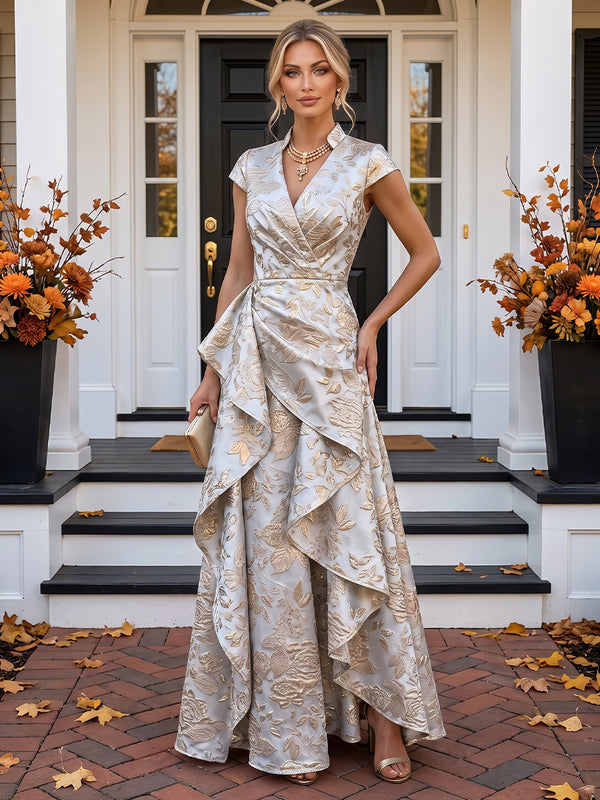 A-Line/Princess V-Neck Jacquard Maxi Evening Dresses with Ruffles & Ruched Waist