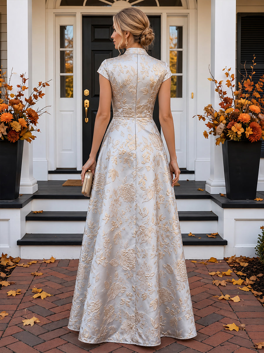 A-Line/Princess V-Neck Jacquard Maxi Evening Dresses with Ruffles & Ruched Waist