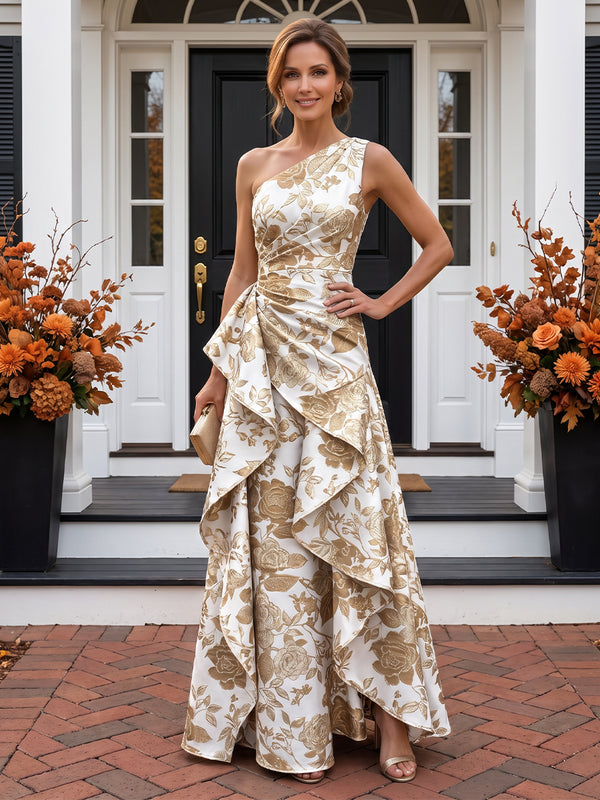 A-Line/Princess One Shoulder Jacquard Maxi Evening Dresses with Ruffles & Ruched Waist