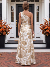 A-Line/Princess One Shoulder Jacquard Maxi Evening Dresses with Ruffles & Ruched Waist