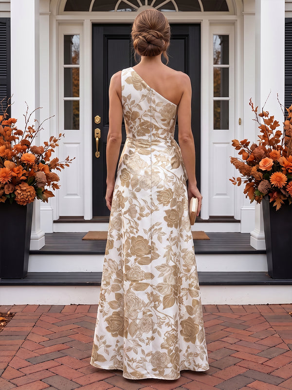 A-Line/Princess One Shoulder Jacquard Maxi Evening Dresses with Ruffles & Ruched Waist
