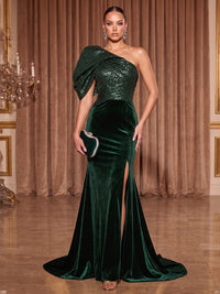 Mermaid/Trumpet One Shoulder Velvet Maxi Evening Dresses with Sequin Bodice & Slit