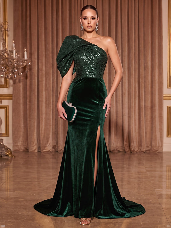 Mermaid/Trumpet One Shoulder Velvet Maxi Evening Dresses with Sequin Bodice & Slit