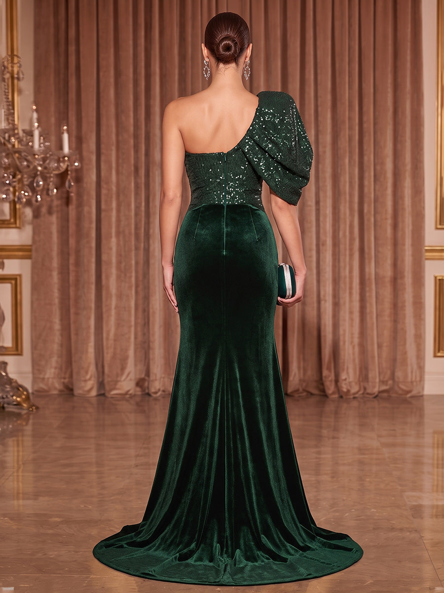 Mermaid/Trumpet One Shoulder Velvet Maxi Evening Dresses with Sequin Bodice & Slit