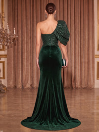 Mermaid/Trumpet One Shoulder Velvet Maxi Evening Dresses with Sequin Bodice & Slit