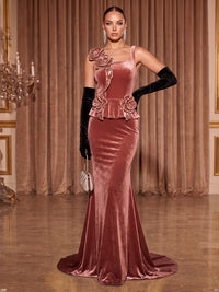 Mermaid/Trumpet Asymmetric Neck Velvet Maxi Evening Dresses with 3D Flowers