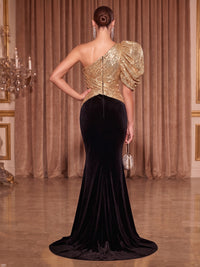 Mermaid/Trumpet One Shoulder Velvet Maxi Evening Dresses with Sequin Bodice