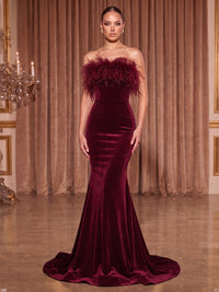 Mermaid/Trumpet Strapless Velvet Maxi Evening Dresses with Feather Trim