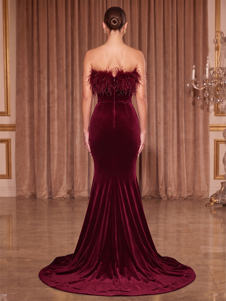 Mermaid/Trumpet Strapless Velvet Maxi Evening Dresses with Feather Trim