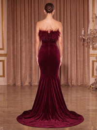 Mermaid/Trumpet Strapless Velvet Maxi Evening Dresses with Feather Trim