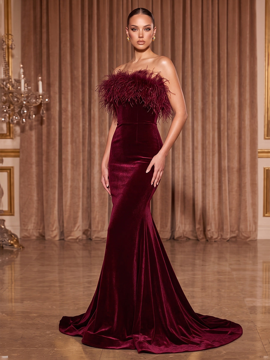 Mermaid/Trumpet Strapless Velvet Maxi Evening Dresses with Feather Trim