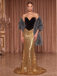 Mermaid/Trumpet Strapless Sequin Maxi Evening Dresses with Feather Cape & Velvet Bodice