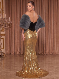 Mermaid/Trumpet Strapless Sequin Maxi Evening Dresses with Feather Cape & Velvet Bodice
