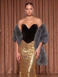 Mermaid/Trumpet Strapless Sequin Maxi Evening Dresses with Feather Cape & Velvet Bodice