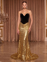 Mermaid/Trumpet Strapless Sequin Maxi Evening Dresses with Feather Cape & Velvet Bodice