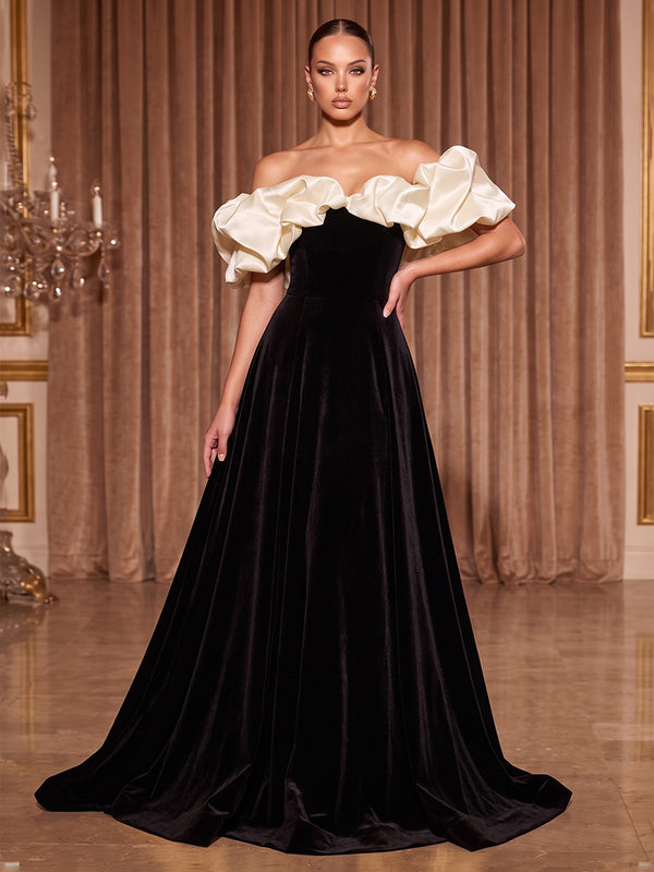 A-Line/Princess Off Shoulder Velvet Maxi Evening Dresses with Ruffles & Pleats