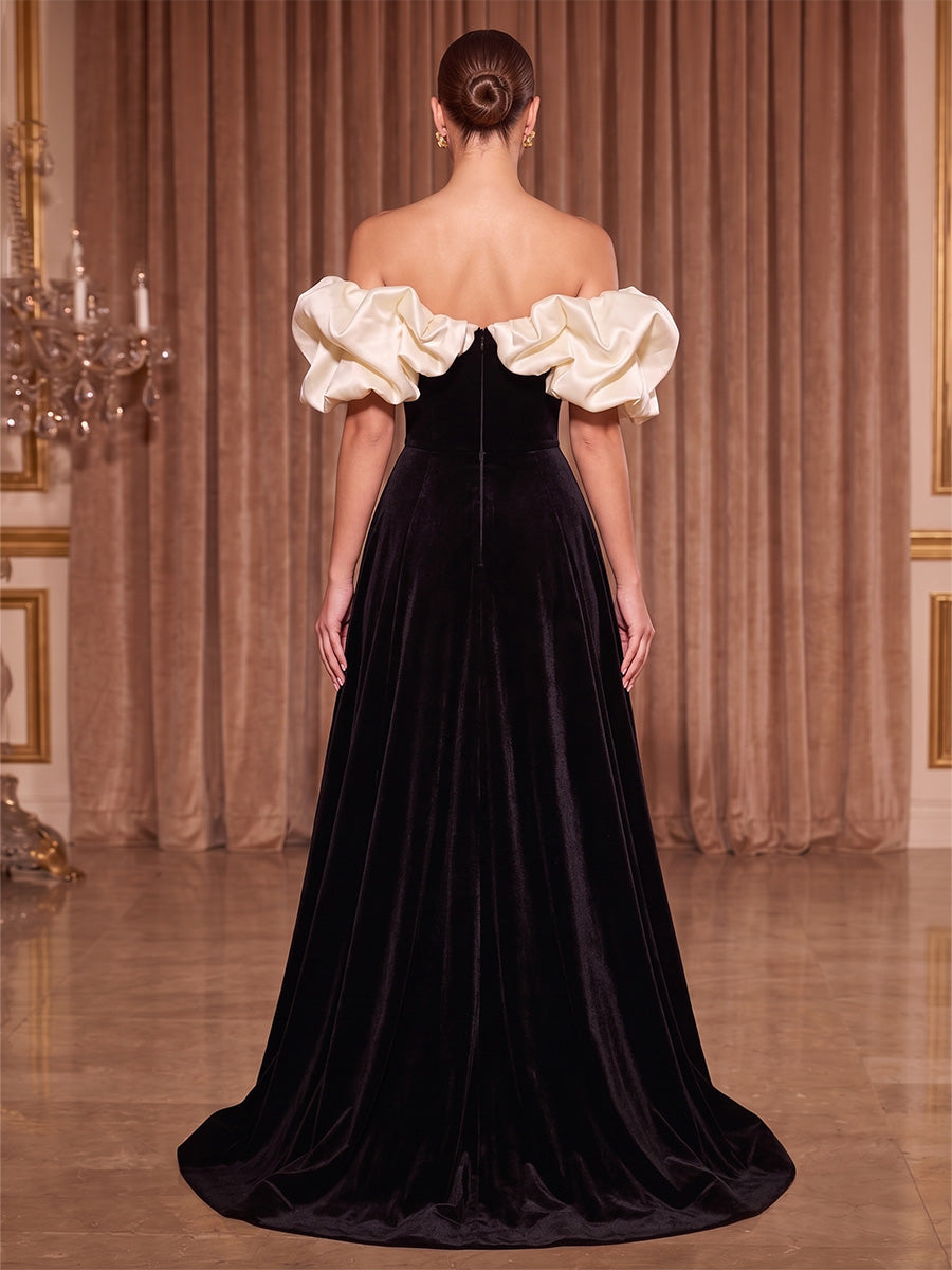 A-Line/Princess Off Shoulder Velvet Maxi Evening Dresses with Ruffles & Pleats