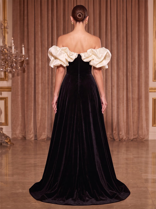 A-Line/Princess Off Shoulder Velvet Maxi Evening Dresses with Ruffles & Pleats