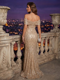 Mermaid/Trumpet Off Shoulder Maxi Evening Dresses Sparkly Sequin Ruched Evening Gowns with 3D Flowers