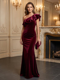 Mermaid/Trumpet One Shoulder Velvet Maxi Evening Dresses with Ruffles