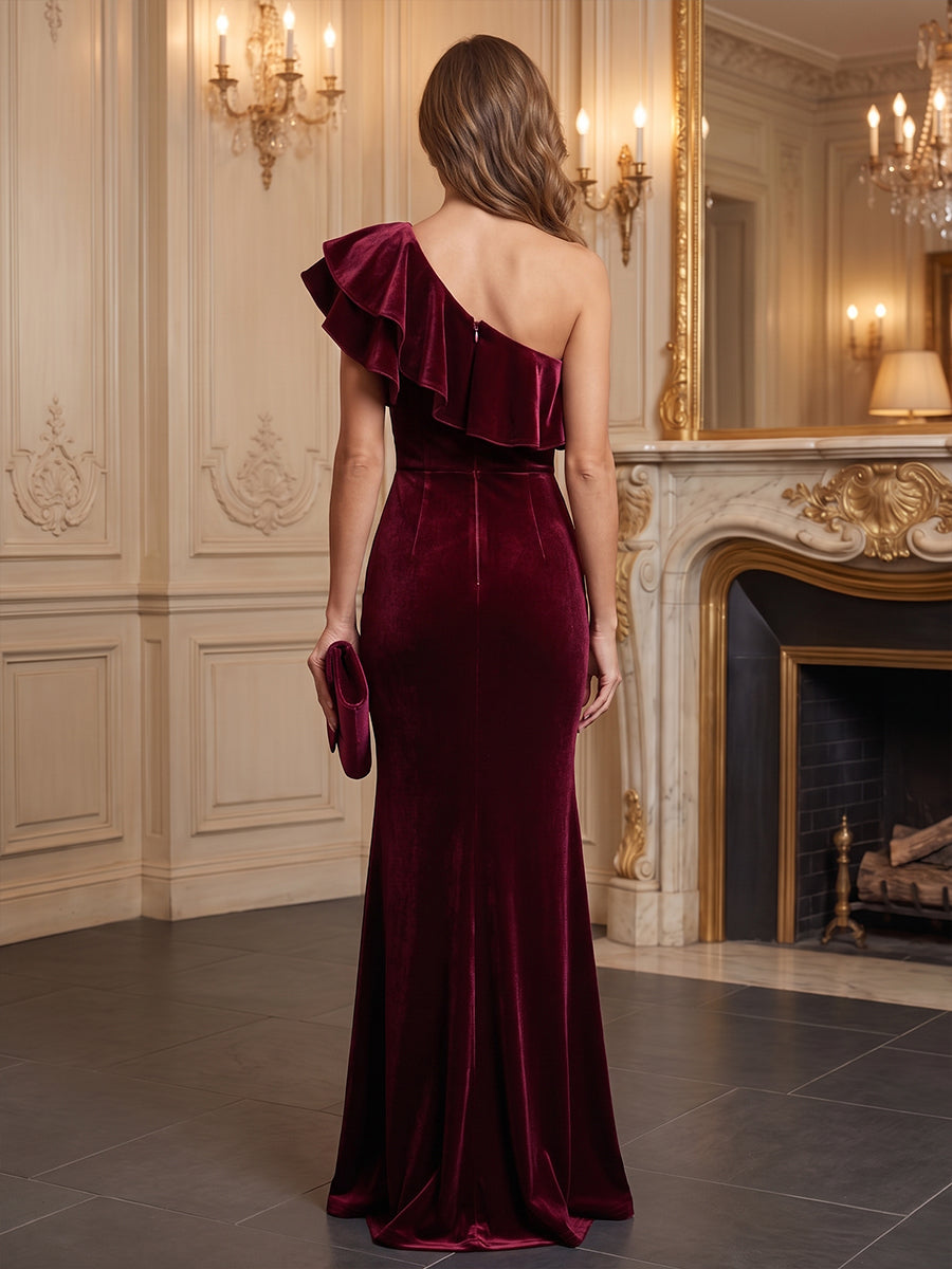 Mermaid/Trumpet One Shoulder Velvet Maxi Evening Dresses with Ruffles