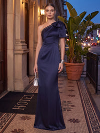 Sheath/Column One Shoulder Satin Maxi Evening Dresses with Bow
