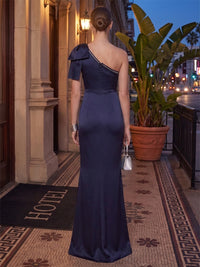 Sheath/Column One Shoulder Satin Maxi Evening Dresses with Bow