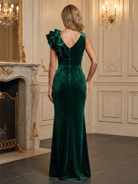 Sheath/Column V-Neck Velvet Maxi Evening Dresses with Ruffles & Pockets