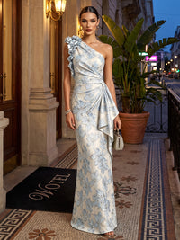 Sheath/Column One Shoulder Jacquard Maxi Evening Dresses with 3D Flowers & Ruffles