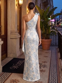 Sheath/Column One Shoulder Jacquard Maxi Evening Dresses with 3D Flowers & Ruffles