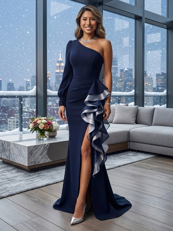 Sheath/Column One Shoulder Satin Maxi Evening Dresses with Ruffles & Slit