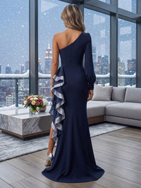 Sheath/Column One Shoulder Satin Maxi Evening Dresses with Ruffles & Slit