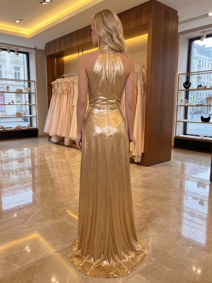 A-Line/Princess Halter Metallic Satin Maxi Evening Dresses with Ruched Waist & Slit