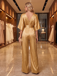 Jumpsuit V-Neck Metallic Satin Maxi Evening Dresses with Ruched Waist